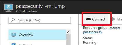 In the Virtual machine blade, Connect is selected.
