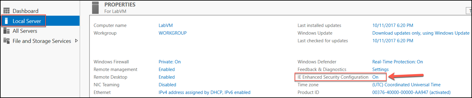 Local Server is selected and highlighted on the left side of Server Manager, and at right, IE Enhanced Security Configuration On is highlighted under Properties For LabVM.