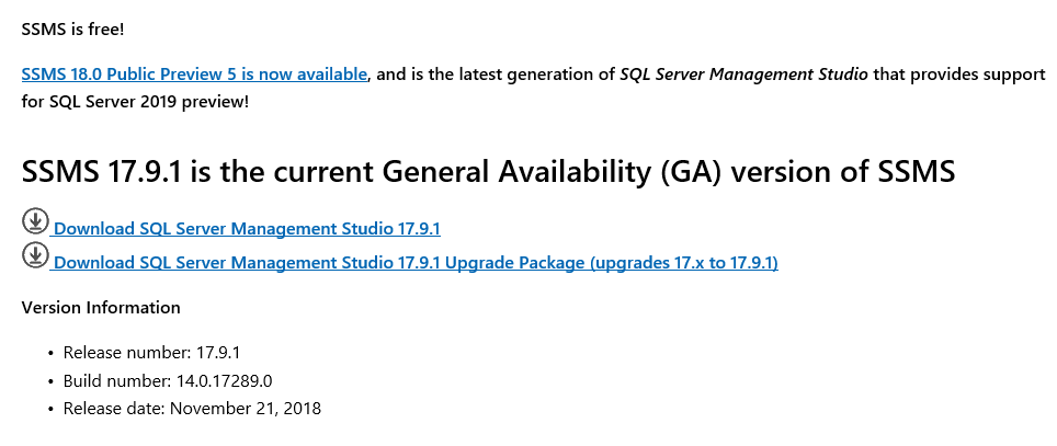 On the SQL Server Management Studio download page, the Download SQL Server Management Studio 17.x link is highlighted.