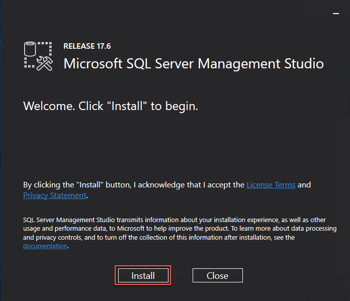 The Microsoft SQL Server Management Studio installer welcome screen is displayed, and the Install button is highlighted.