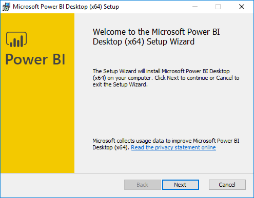 The Welcome screen of the Power BI installer is displayed, with the Next button highlighted and selected.