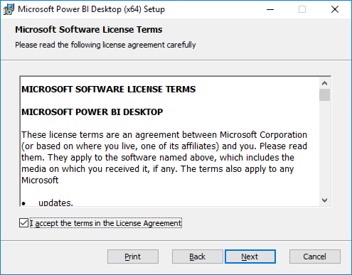 Screenshot of the Power BI Desktop Software License Terms screen is displayed, with the \"I accept the terms in the License Agreement\" checkbox checked, and the Next button selected.