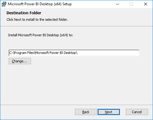 Screenshot of the Microsoft Power BI installer\'s Destination Folder screen, with the default path displayed, and the Next button highlighted.