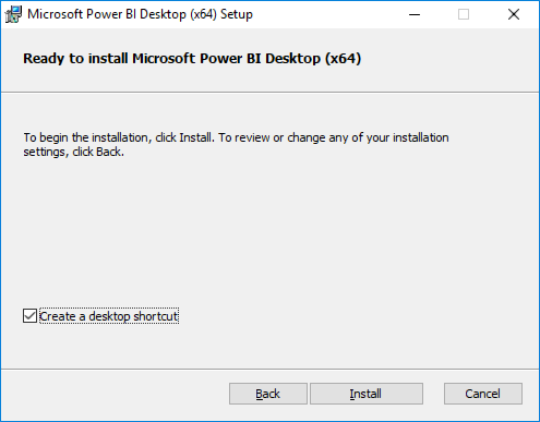 Screenshot of the Microsoft Power BI installer\'s Ready to Install screen, with the \"Create a desktop shortcut\" checkbox checked, and the Install button highlighted.