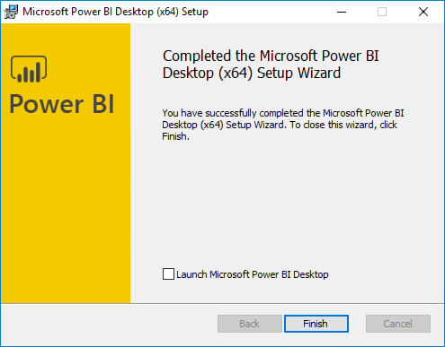 The Completed the Microsoft Power BI Desktop screen is displayed, with the \"Launch Microsoft Power BI Desktop\" checkbox unchecked, and the Finish button highlighted.