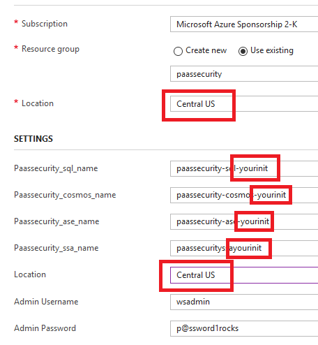 A Dialog box displays with fields set to the previously mentioned settings. The Location, Passsecurity\_sql\_name and Location fields are all called out.