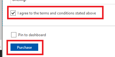 The Terms and conditions check box is selected, as is the Purchase button.