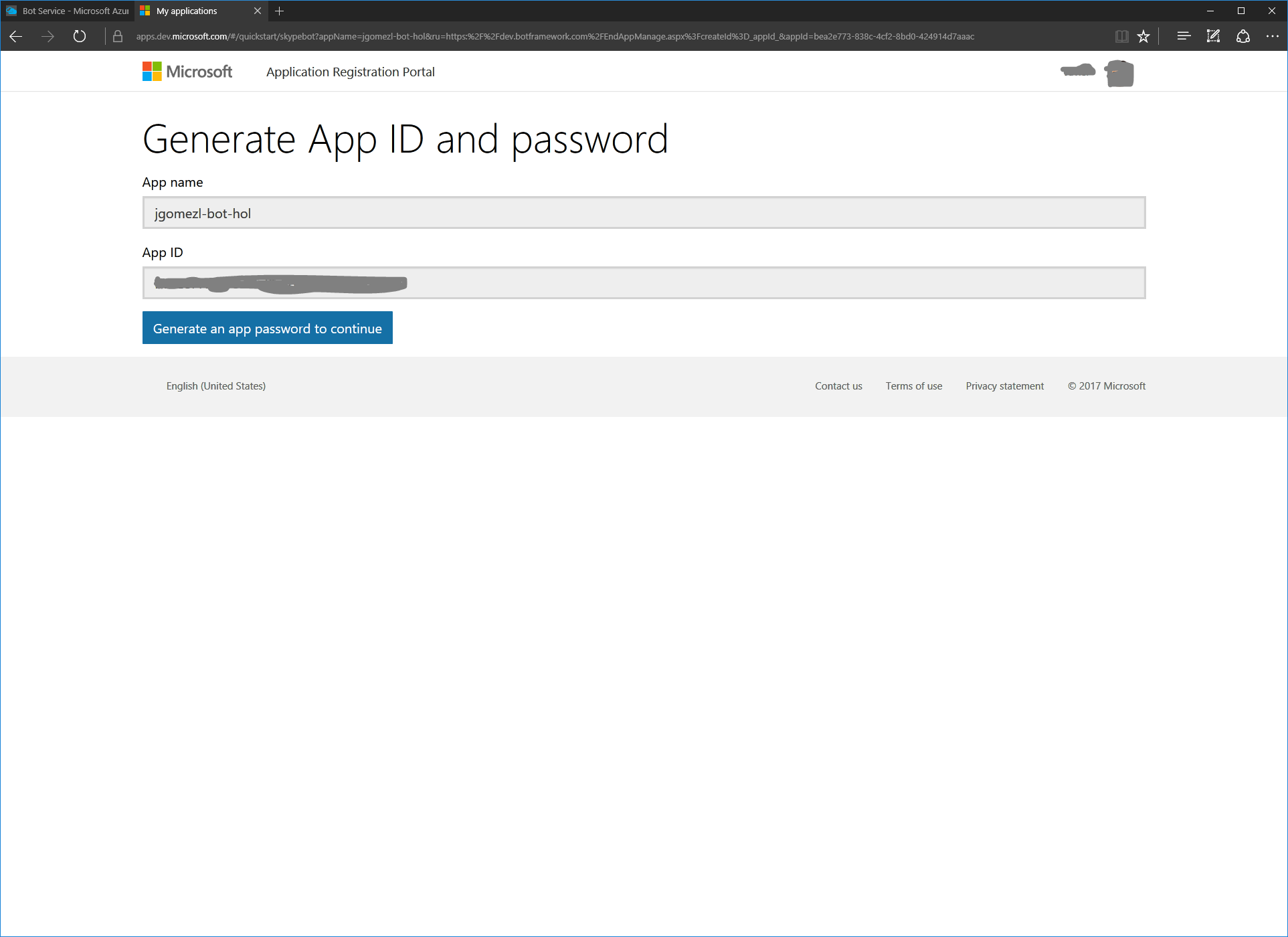 Microsoft App ID y Password