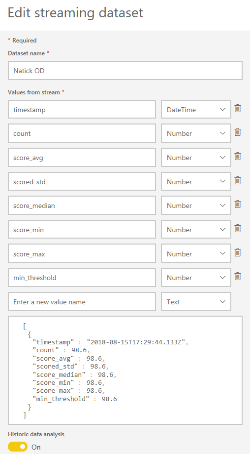 Power BI Streaming Dataset Values