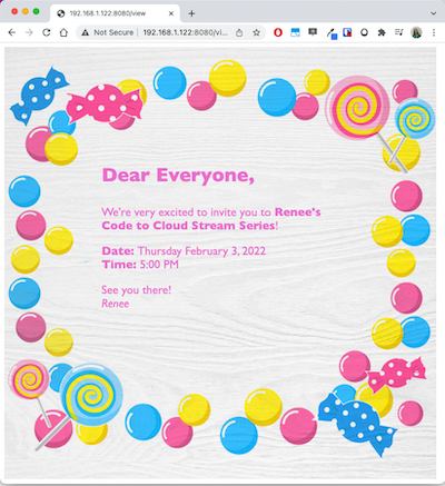 Children's Birthday Party themed invitation, inviting everyone to attend the Code to Cloud Stream series, starting February 3rd and 5PM (AEDT)