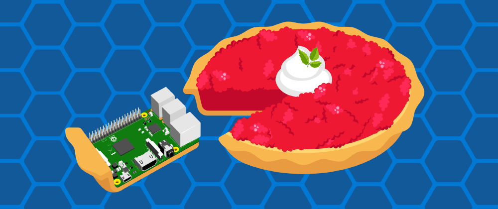 A cartoon of a slice of pie coming out of a pie, and on the slice is a Raspberry Pi computer