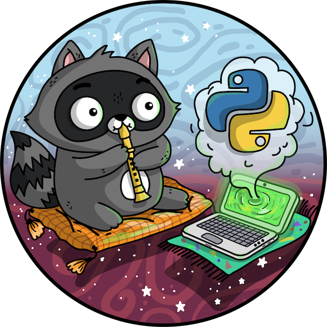 A cartoon raccoon playing a recorded to charm the Python logo out of a laptop on a flying carpet