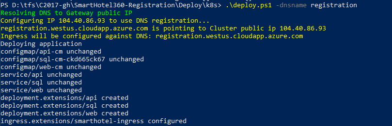 Output of the deploy.ps1 script when subdomain is used