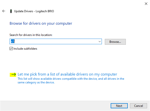 Update Drivers - Let me pick from a list of available drivers on my computer