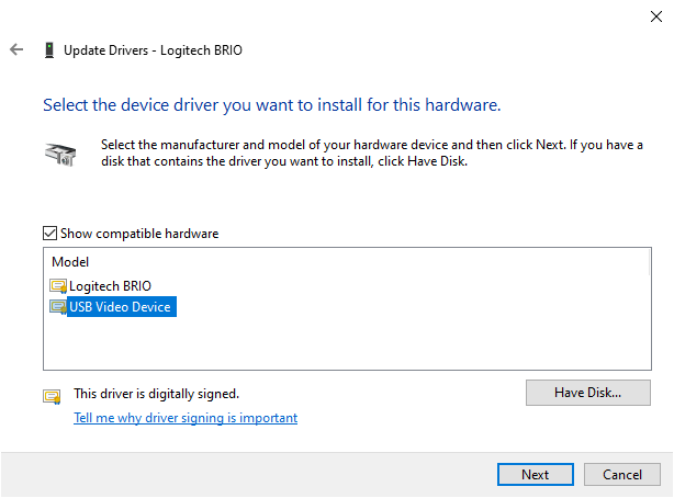 Update Drivers - Select the device driver you want to install for this hardware.