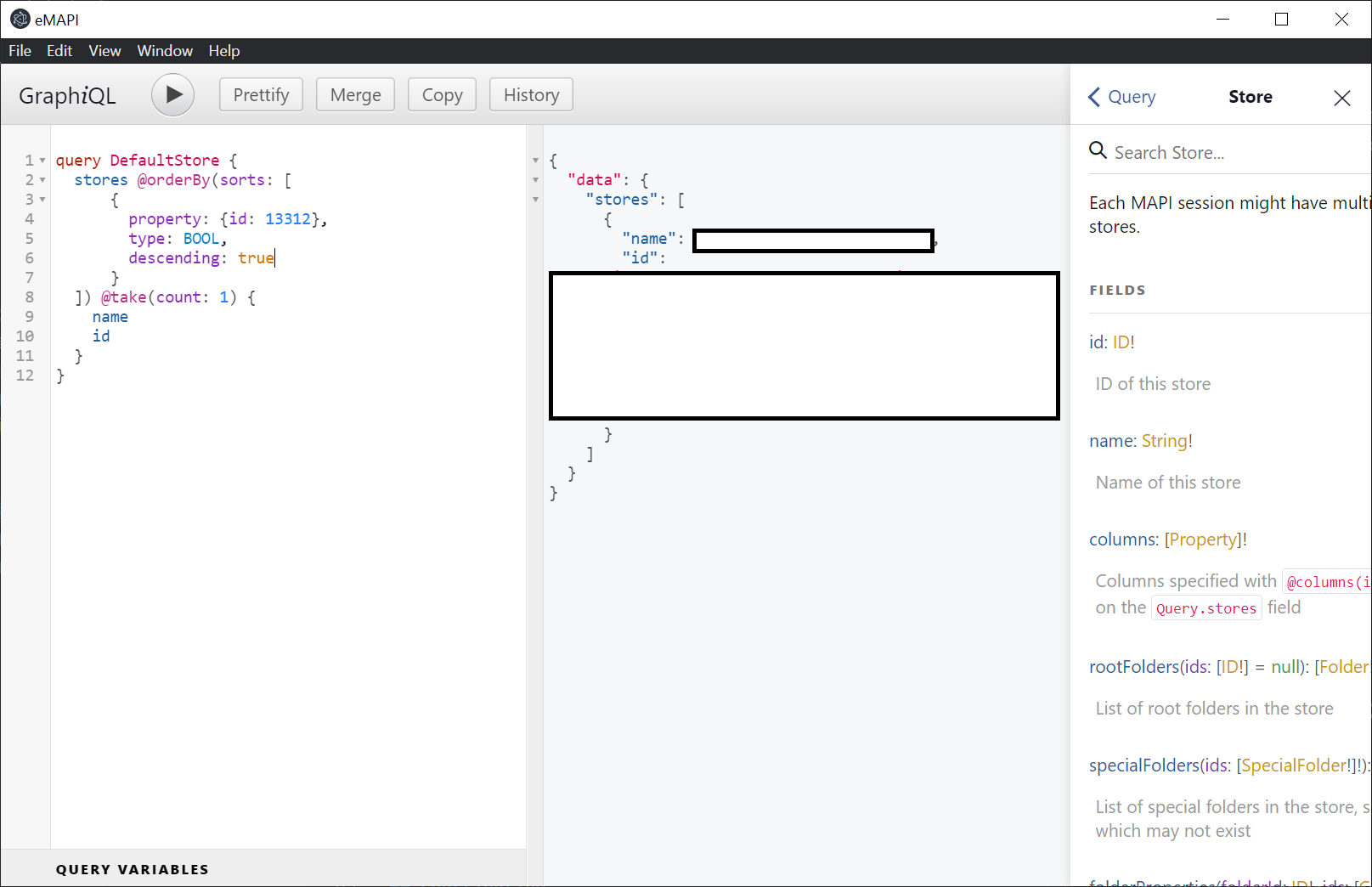 eMAPI displaying results of DefaultStore query