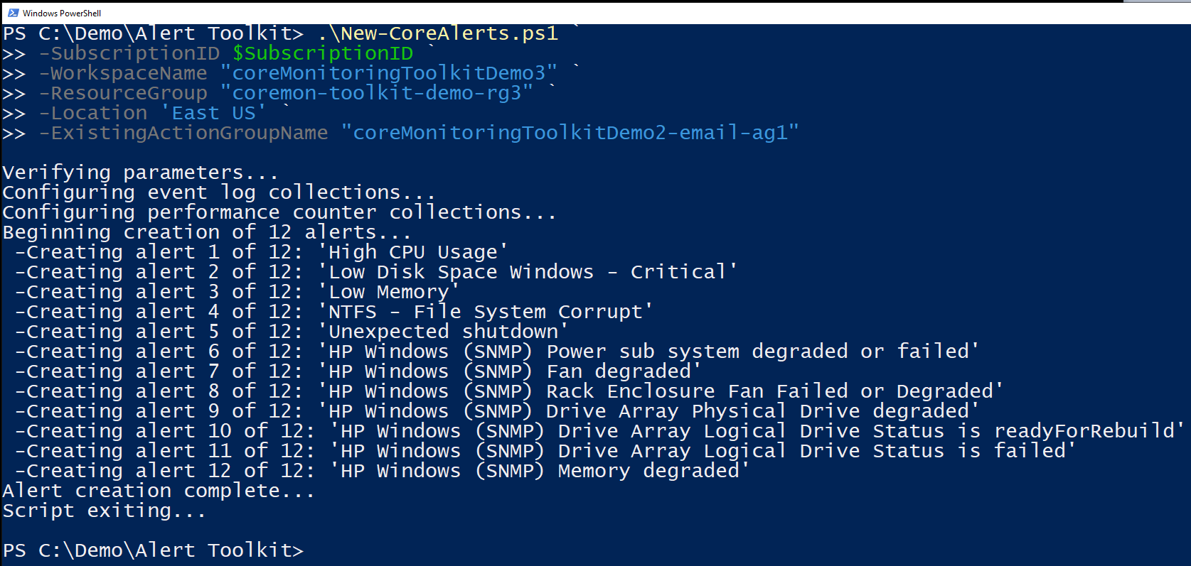 Sample output with existing action group