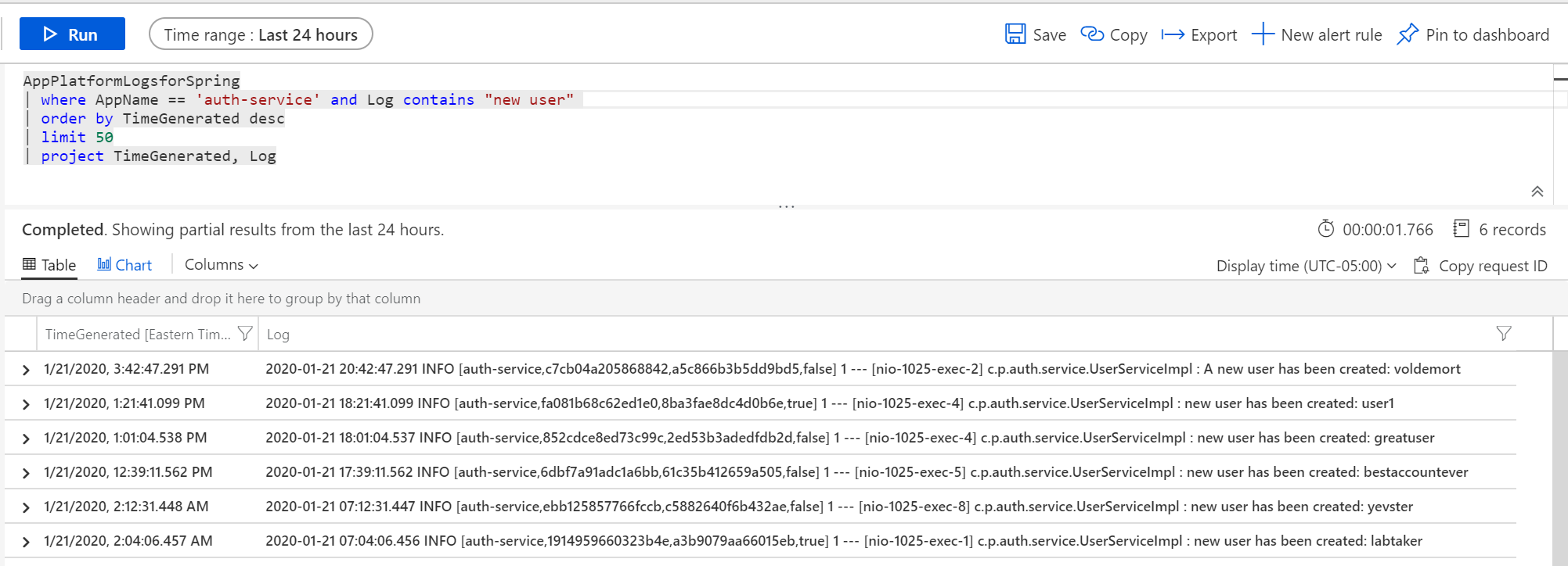 Result in log analytics