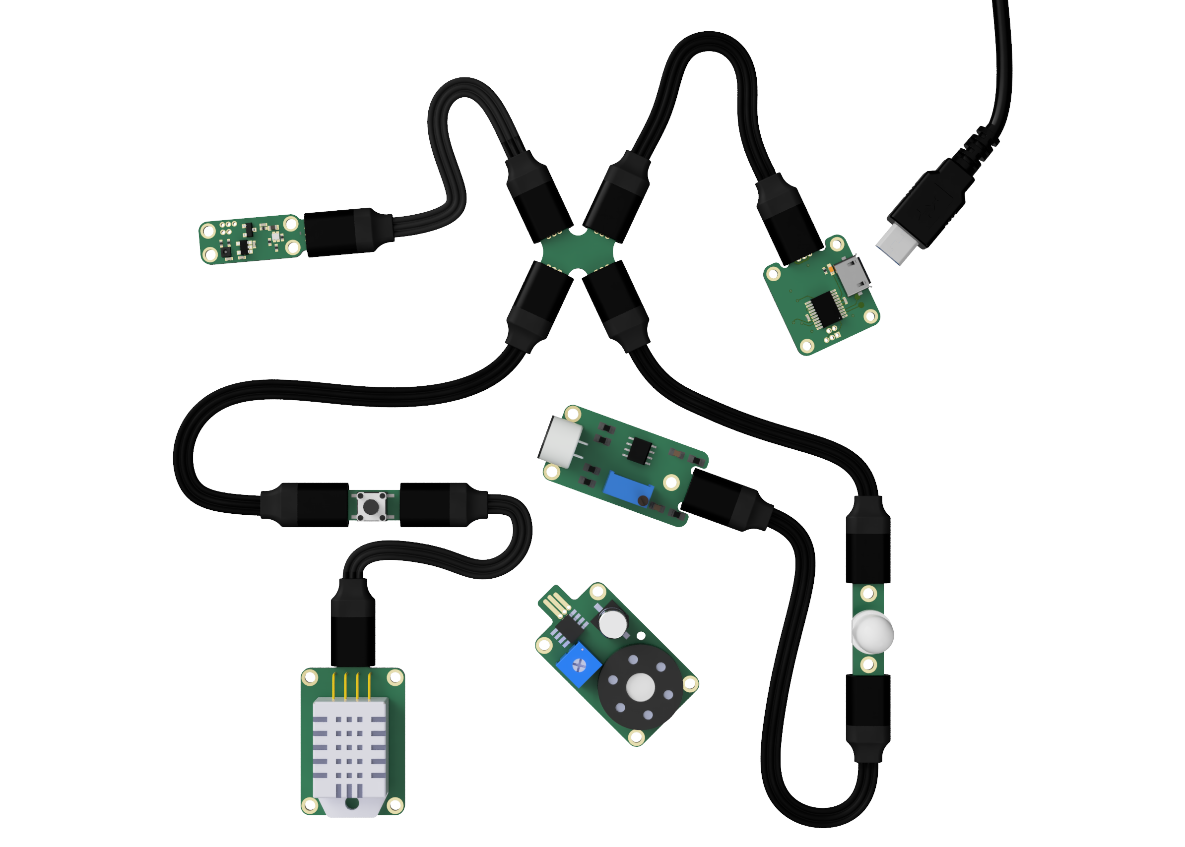 A rendering of a bus of Jacdac devices