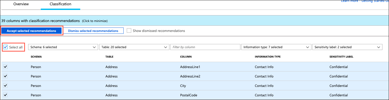 All the recommended classifications are checked and the Accept selected recommendations button is highlighted.