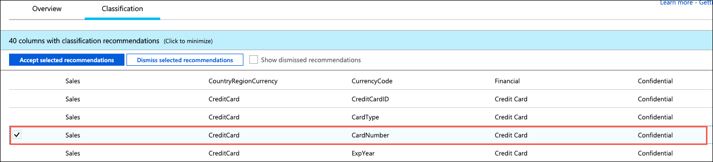 The CreditCard number recommendation is highlighted in the recommendations list.