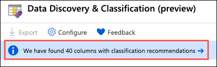 The recommendations link on the Data Discovery & Classification blade is highlighted.