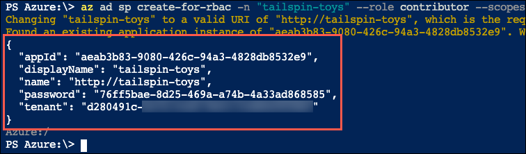 The az ad sp create-for-rbac command is entered into the Cloud Shell, and the output of the command is displayed.