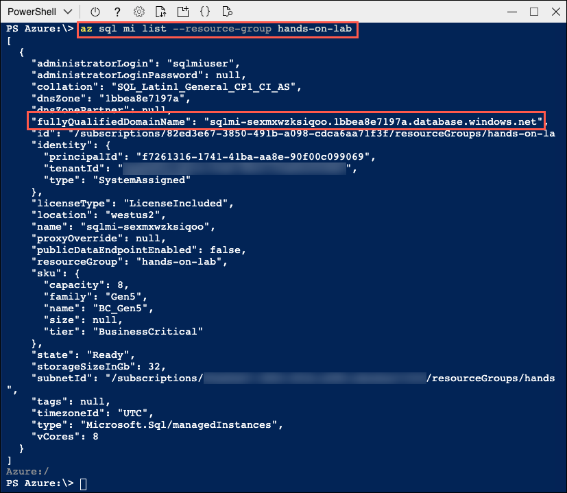 The output from the az sql mi list command is displayed in the Cloud Shell, and the fullyQualifiedDomainName property and value are highlighted.