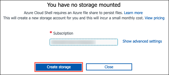 In the You have no storage mounted dialog, a subscription has been selected, and the Create Storage button is highlighted.