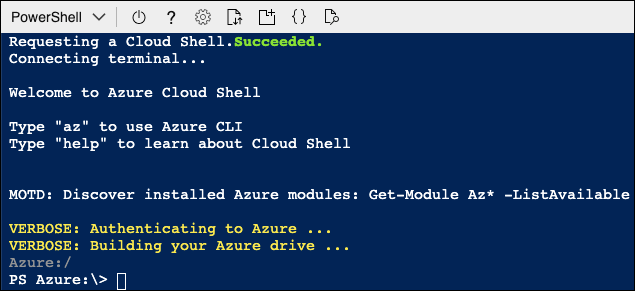 In the Azure Cloud Shell dialog, a message is displayed that requesting a Cloud Shell succeeded, and the PS Azure prompt is displayed.