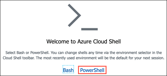 In the Welcome to Azure Cloud Shell window, PowerShell is highlighted.