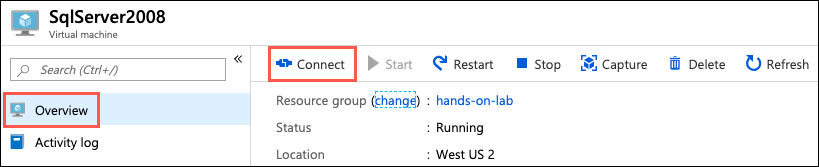 The SqlServer2008 VM blade is displayed, with the Connect button highlighted in the top menu.