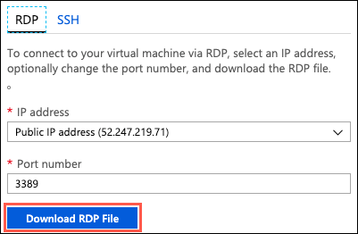 The Connect to virtual machine blade is displayed, and the Download RDP File button is highlighted.