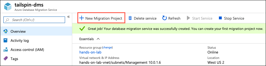 On the Azure Database Migration Service blade, +New Migration Project is highlighted in the toolbar.