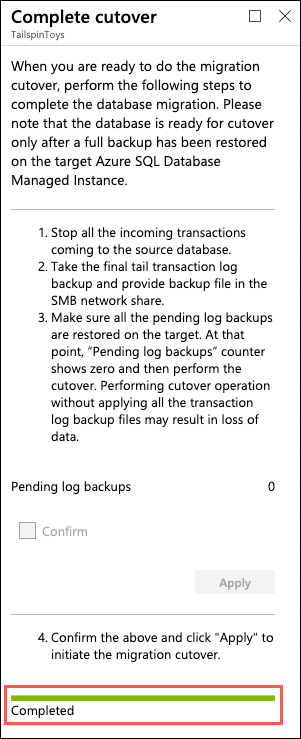 A status of Completed is displayed in the Complete cutover dialog.