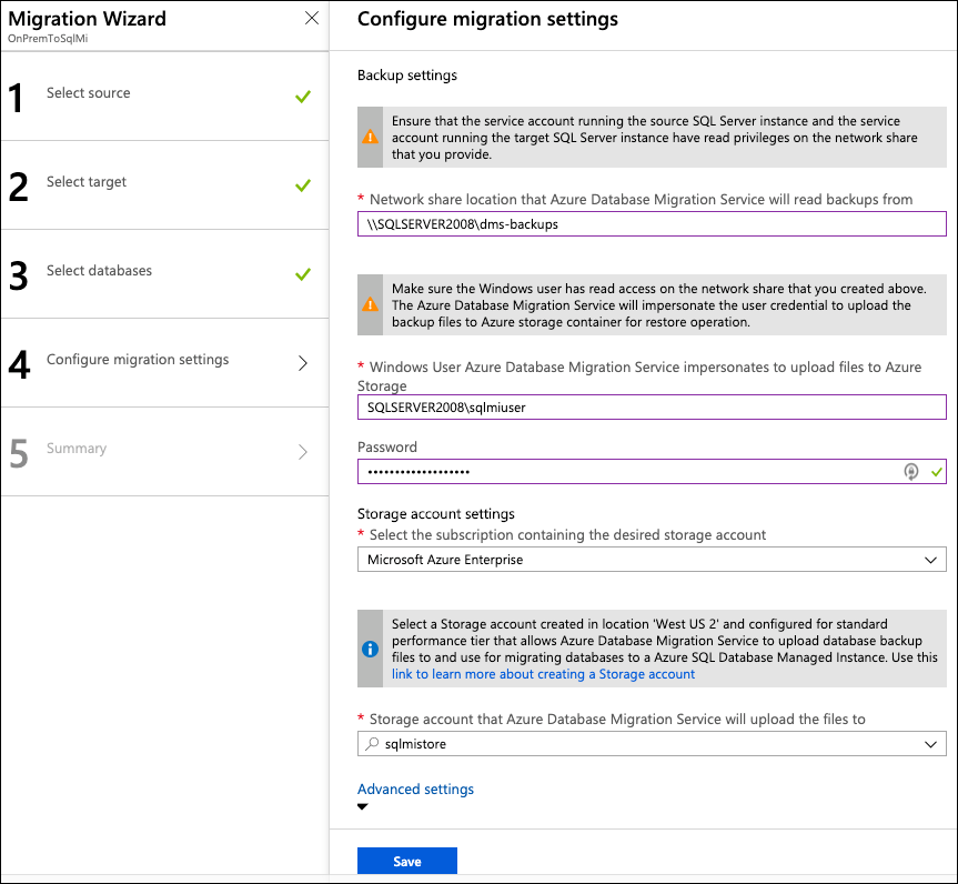 The Migration Wizard Configure migration settings blade is displayed, with the values specified above entered into the appropriate fields.