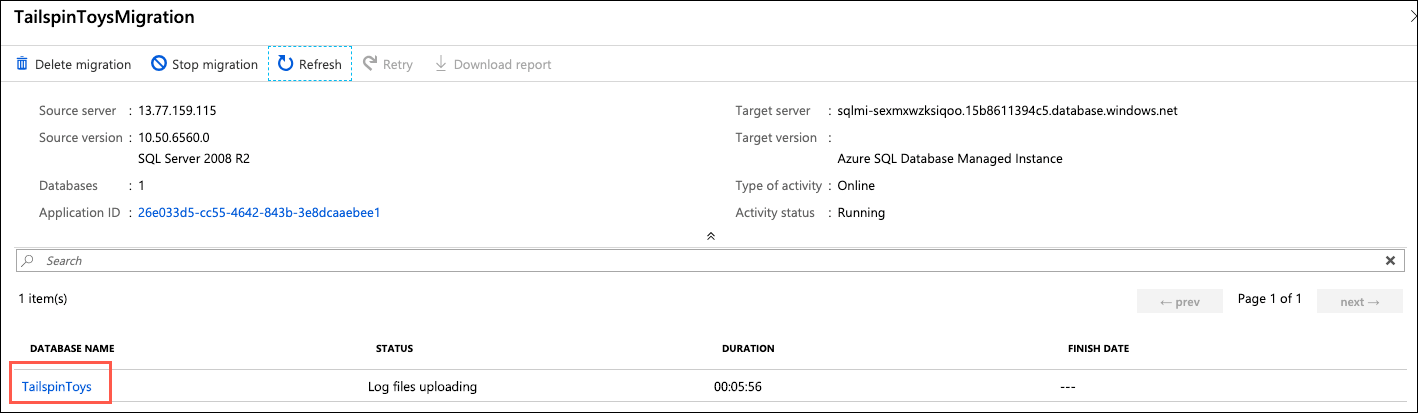 The TailspinToys database name is highlighted in the migration status window.