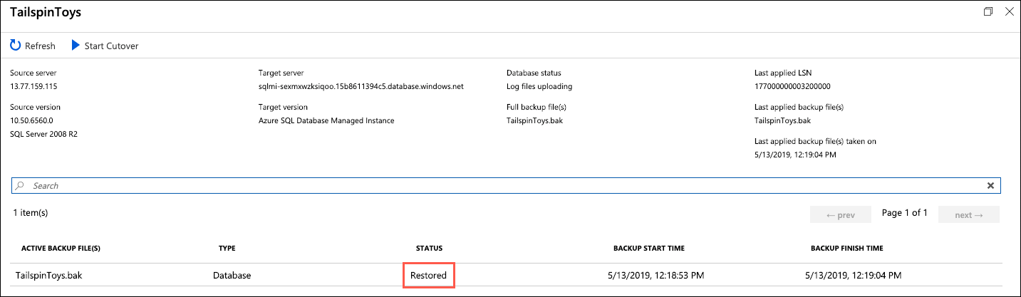 On the TailspinToys blade, a status of Restored is highlighted next to the TailspinToys.bak file in the list of active backup files.