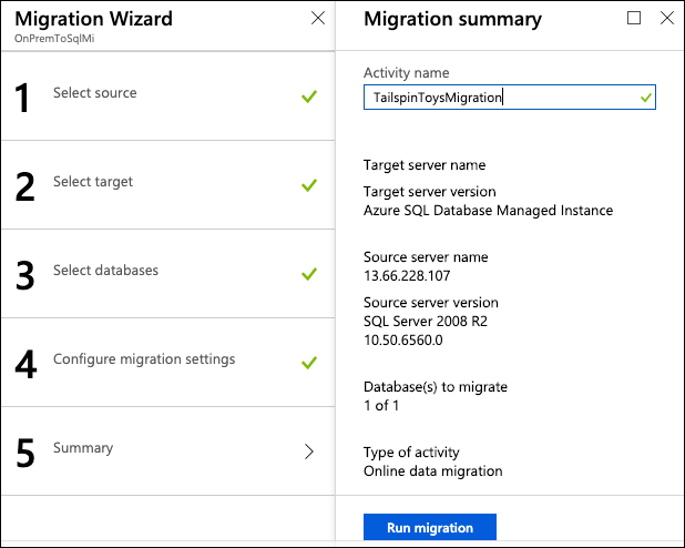 The Migration Wizard summary blade is displayed, Sql2008ToSqlDatabase is entered into the name field, and Validate my database(s) is selected in the Choose validation option blade, with all three validation options selected.