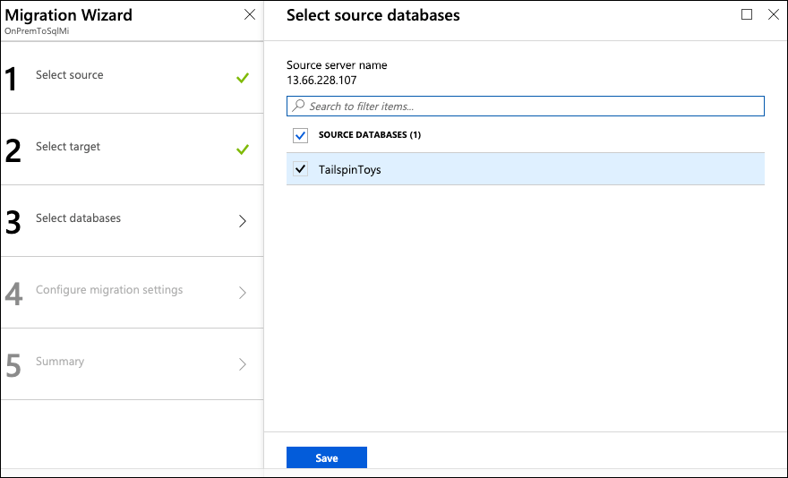 The Migration Wizard Select databases blade is displayed, with the TailspinToys database selected.