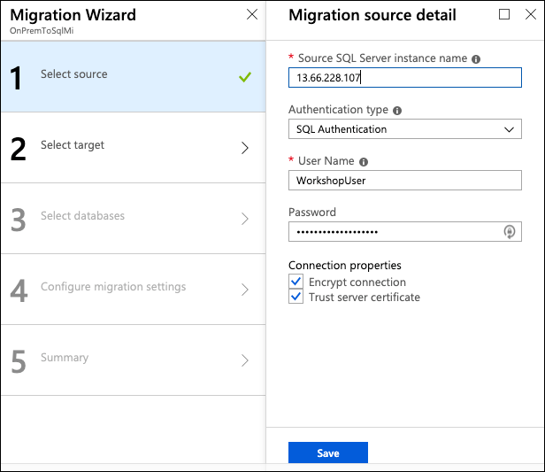 The Migration Wizard Select source blade is displayed, with the values specified above entered into the appropriate fields.