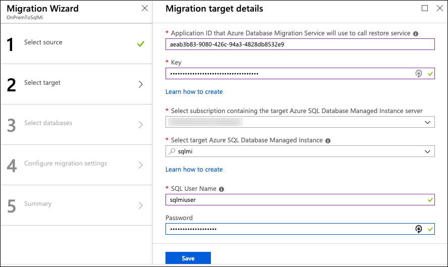 The Migration Wizard Select target blade is displayed, with the values specified above entered into the appropriate fields.