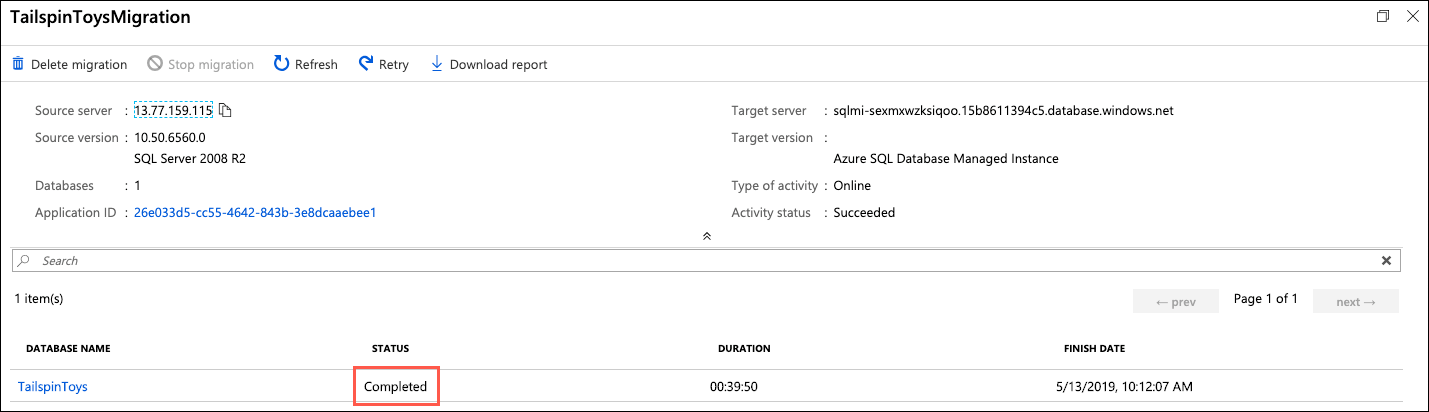 On the Migration job blade, the status of Completed is highlighted