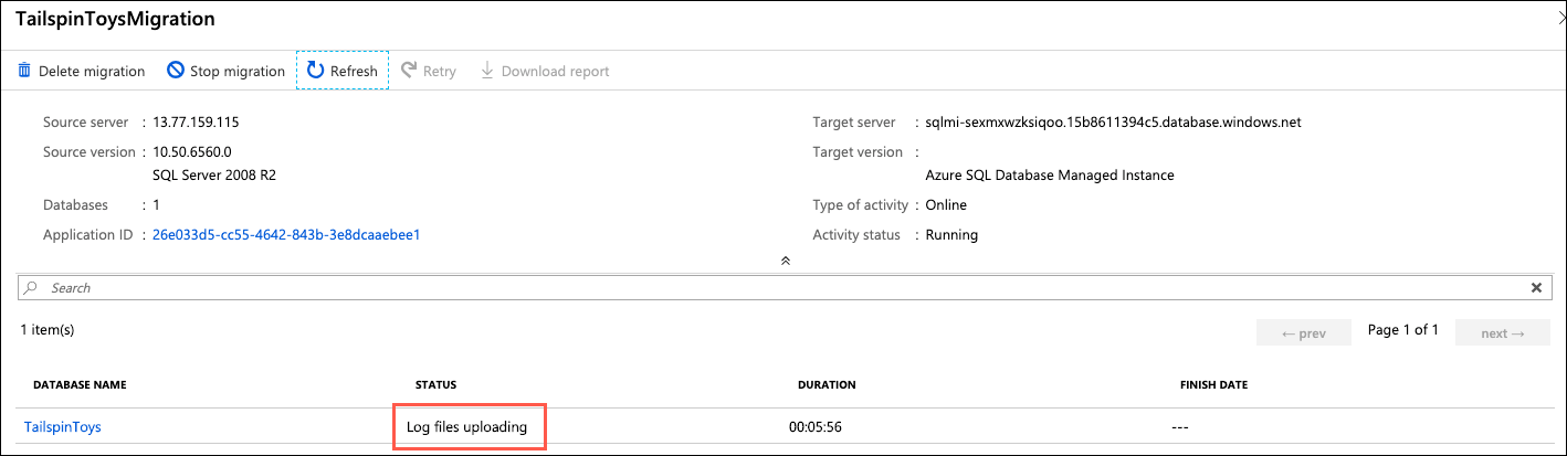 In the migration monitoring window, a status of Log files uploading is highlighted.