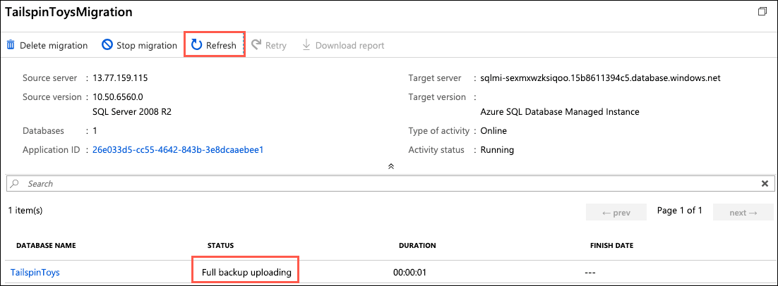 On the Migration job blade, the Refresh button is highlighted, and a status of Full backup uploading is displayed and highlighted.