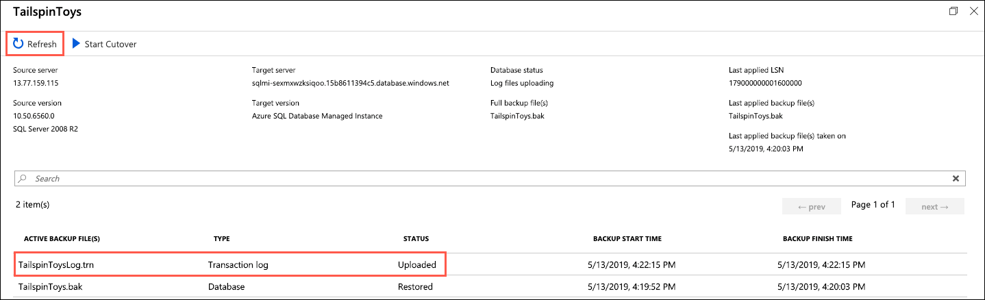 On the TailspinToys blade, the Refresh button is highlighted. A status of Uploaded is highlighted next to the TailspinToysLog.trn file in the list of active backup files.