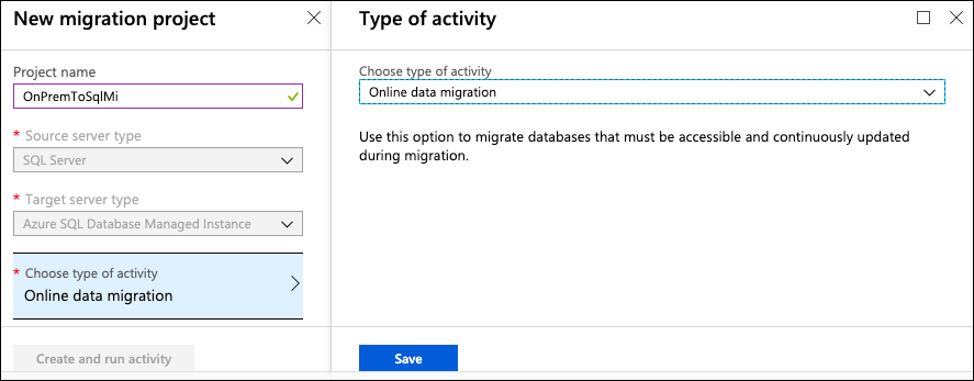 The New migration project blade is displayed, with the values specified above entered into the appropriate fields.