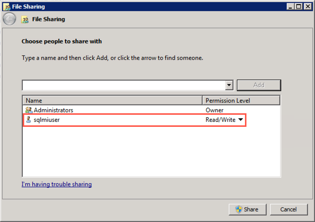 In the File Sharing dialog, the sqlmiuser is highlighted and assigned a permission level of Read/Write.