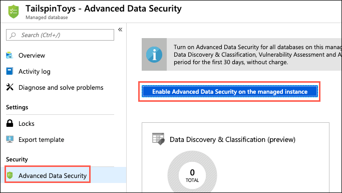 In the Advanced Data Security blade of the Managed database, the Enable Advanced Data Security on the managed instance button is highlighted.