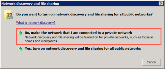 In the Network discovery and file sharing dialog, No, make the network that I am connected to a private network is highlighted.